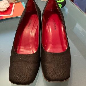 Ann Taylor brown fabric shoe.  Heel height is 2 1/4 inches.  Square toe.